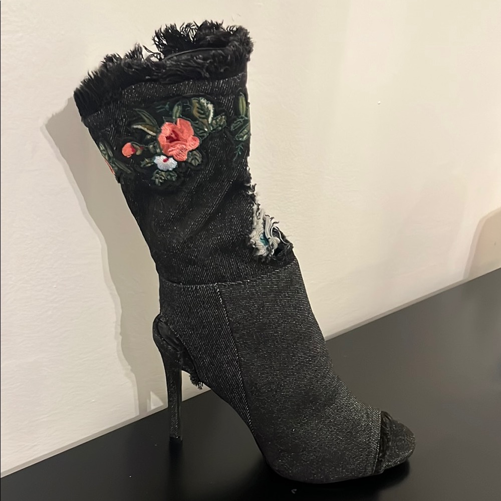 Embroidered Black Denim Women's Heeled Boots